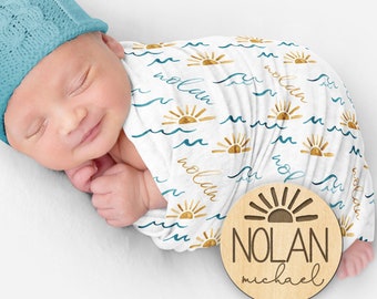 Sun and Wave Swaddle Summer Unisex Baby Blanket Personalized Sun Blanket Sun Nursery Baby Boy Blanket Baby Shower Gift Receiving Blanket