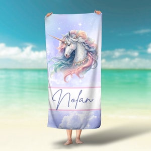 Unicorn Personalized Beach Towel, Custom Pool Towel with Name, Rainbow Unicorn Towel