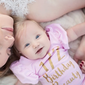 Half Birthday Outfit Pink and Gold Half Birthday Distressed Denim Beauty Half Birthday Leotard 1/2 Birthday Outfit 6 Month Birthday Outfit
