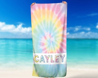 Tie Dye Personalized Beach Towel Rainbow Custom Beach Name Pool Towel Custom Towel Retro Font Towel Children's Pool Towel Bathing Towel