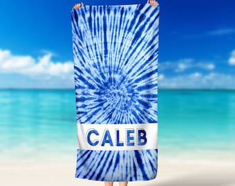 Blue Tie Dye Personalized Beach Towel for Boys Custom Beach Name Pool Towel Custom Towel Children's Pool Towel Bathing Towel
