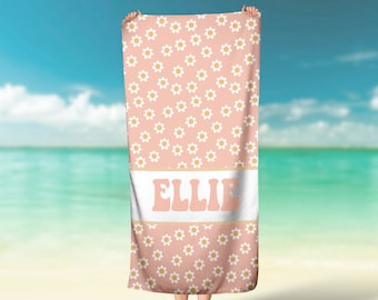 Serviette de plage personnalisée rose marguerite groovy rétro pour fille, serviette de plage personnalisée rétro, serviette de bain serviette de piscine pour enfants personnalisée avec nom