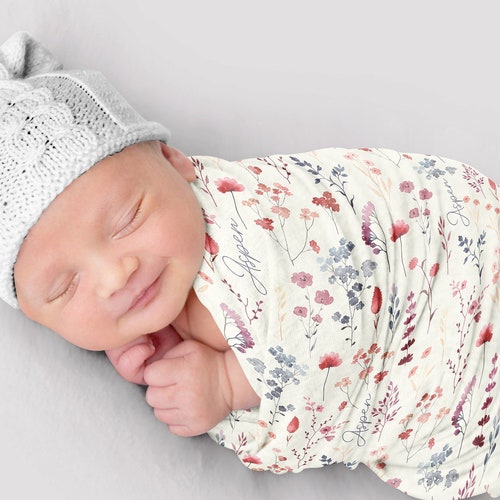 Wildflower Personalized Swaddle Blanket 5 Fabric Options Baby Etsy
