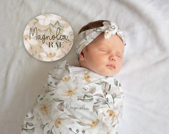 Magnolia Floral Baby Swaddle Personalized Magnolia Baby Blanket With Name Sign Gift Set Etsy