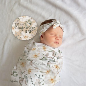 Magnolia Floral Baby Swaddle, Personalized Magnolia Baby Blanket with Name Sign Gift Set