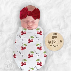 Cherry Baby Blanket Personalize Baby Girl Blanket Baby Girl Swaddle Baby Shower Gift Name Blanket Receiving Blanket or Plush Blanket