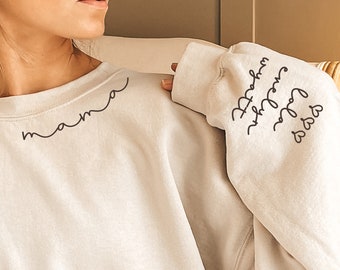 Mama Sweatshirt With Names On Sleeve Mothers Day Gift Neck Monogram Minimal Oversized Sweatshirt