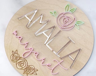 Rose Baby Girl Name Sign Floral Wood Name Sign 3D Name Announcement Sign Floral Nursery Newborn Photo Prop Hospital Plaque Sizes: 5.5 & 11.5