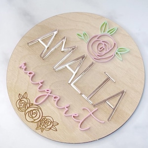 Rose Baby Girl Name Sign Floral Wood Name Sign 3D Name Announcement Sign Floral Nursery Newborn Photo Prop Hospital Plaque Sizes: 5.5 & 11.5