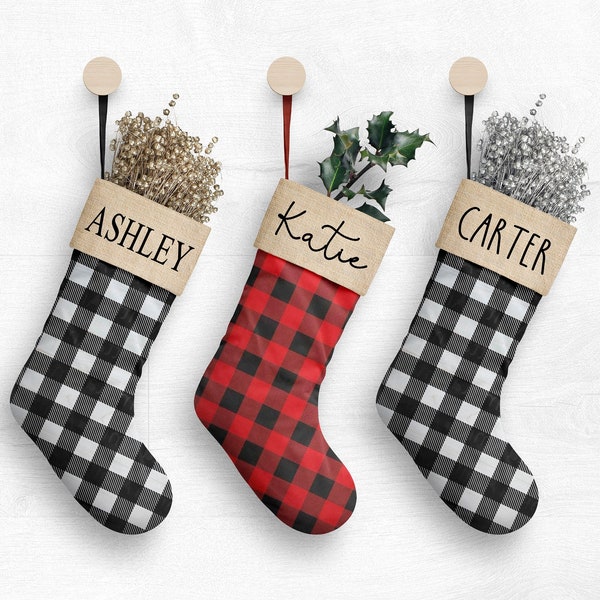 Personalized Christmas Stockings Custom Monogrammed Buffalo Plaid Buffalo Check Stockings Canvas Red Black White