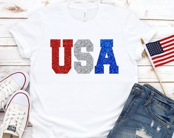 USA Shirt for Women Glitter 4th of the July Womans Shirt Plus Size Patriotic TShirt