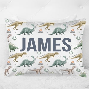 Dinosaur Custom Name Pillowcase, Personalized Pillow, Dinosaur Theme Bedroom, Dino Bedroom Decor, Toddler or Standard sizing