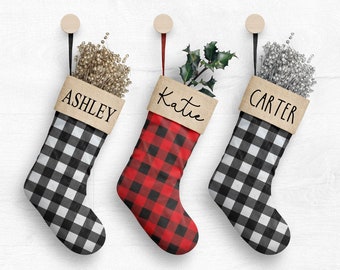 Personalized Christmas Stockings Custom Monogrammed Buffalo Plaid Buffalo Check Stockings Canvas Red Black White