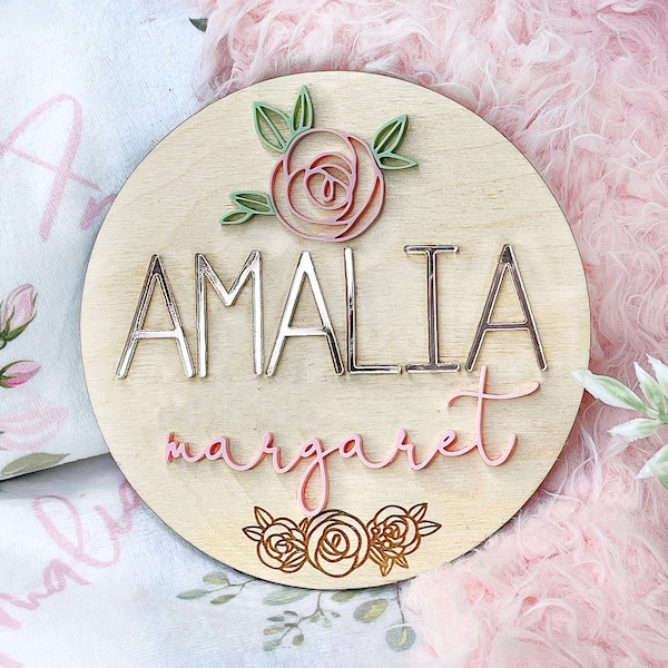 Placa de nome de bebê rosa, sinal de madeira floral, anúncio de nome 3d, berçário floral, adereço para fotos de recém-nascidos, placa de hospital, tamanhos: 5,5 e 11,5