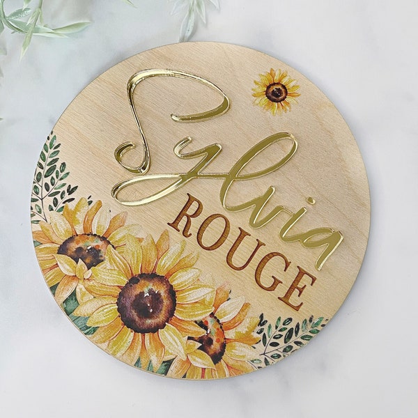 Sunflower Wood Name Sign Baby Girl 3D Name Announcement Sign New Baby Nursery Name Sign Newborn Photo Prop Hospital Plaque Sizes: 5.5 & 11.5