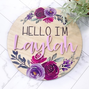 Purple Flower Wood Hello I&#39;m Name Sign Baby Girl Lavender Floral 3D Name Announcement Sign New Baby Nursery Name Sign Newborn Photo Prop