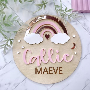 Pink Rainbow Baby Girl Name Sign Wood Sign 3D Name Announcement Sign Rainbow Nursery Newborn Photo Prop Hospital Plaque Sizes: 5.5 & 11.5