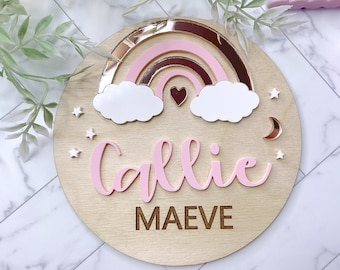 Pink Rainbow Baby Girl Name Sign Wood Sign 3D Name Announcement Sign Rainbow Nursery Newborn Photo Prop Hospital Plaque Sizes: 5.5 & 11.5