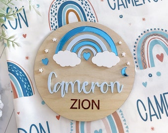 Blue Rainbow Baby Boy Name Sign Wood Sign 3D Name Announcement Sign Rainbow Nursery Newborn Photo Prop Hospital Plaque Sizes: 5.5 & 11.5