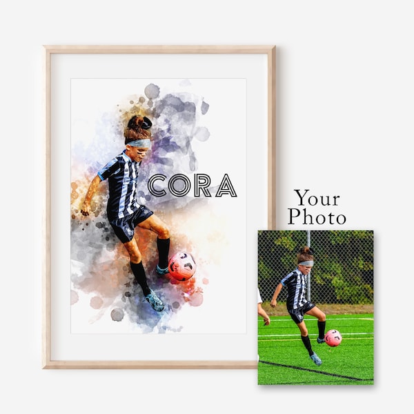 Cadeau personnalisé pour footballeur, photo d'art aquarelle personnalisée en téléchargement numérique