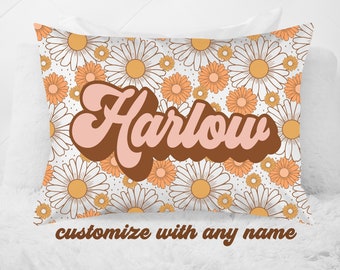 Girls Retro Groovy Daisy Name Pillow Retro Theme Bedroom Girl Personalized Pillow Custom Name Pillowcase Bedroom Decor 20x30 Standard Pillow