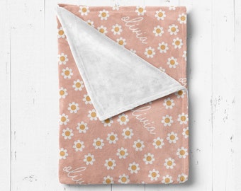 Baby Girl Pink Daisy Blanket Floral Personalized Swaddle Blanket, Baby Girl Boho Retro Pink Daisy Nursery