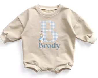 Baby Boy Ostern Outfit karierter Monogramm Bodysuit Strampelanzug, Blau karierter Ostern Bubble Strampler mit Namen Ostern Sweatsuit