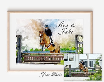 May include: A watercolor painting of a person riding a brown horse over a wooden jump. The background is a watercolor wash of blue, green, and orange. The text "Ava & Jake" is written in cursive at the top of the image.