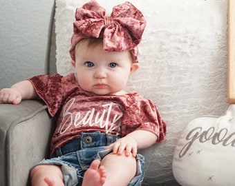 Velvet Leotard Trendy Girl Outfit Messy Bow Headband Mauve Pink Outfit Personalized with Name or Other Text Birthday Outfit Distressed Denim