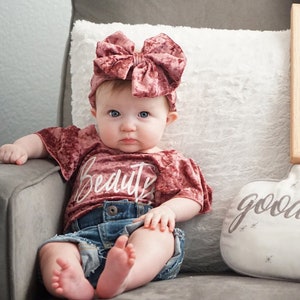 Velvet Leotard Trendy Girl Outfit Messy Bow Headband Mauve Pink Outfit Personalized with Name or Other Text Birthday Outfit Distressed Denim