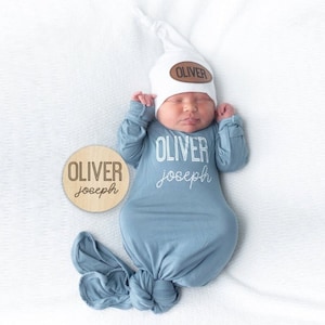 Newborn Boy Hospital Outfit, Baby Boy Personalized Bamboo Knotted Gown, Blue  Newborn Outfit, Coming Home Outfit