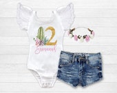 Girls Cactus Birthday Outfit Succulent Birthday Shirt Girls Personalized Birthday Shirt 1st Birthday Outfit Distressed Denim Flower Crown