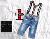 Lumberjack First Birthday Outfit Buffalo Plaid Boy 1st Birthday Shirt Personalized Smash Cake Outfit Distressed Denim Suspender Pant ANY AGE