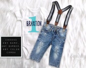 First Birthday Outfit Boy 1st Birthday Personalized Top Distressed Denim Suspender Pants or Shorts Boy Smash Cake Outfit Boy Photo Outfit