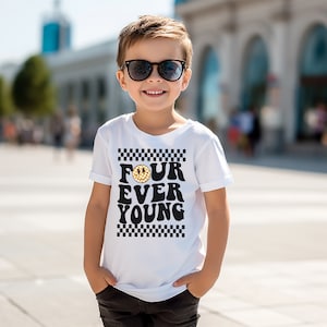 Four Ever Young Boy&#39;s Fourth Birthday Personalized 4th Birthday Checkered Skater Boy 4th Birthday Shirt