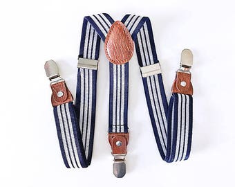 Boys Clip On Striped Suspender Birthday Accessory Boy Navy Suspender Newborn Boy Photo Outfit Boy Denim Overalls