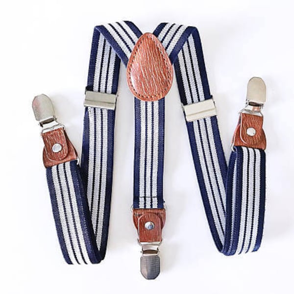 Boys Clip On Striped Suspender Birthday Accessory Boy Navy Suspender Newborn Boy Photo Outfit Boy Denim Overalls