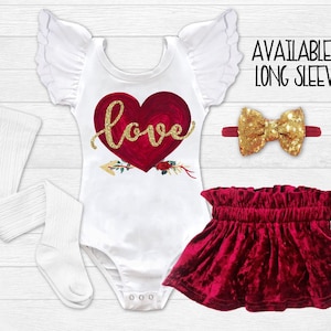 Baby Girl Valentines Day Outfit Red Velvet Skirt Love Girls Shirt Personalized Valentines Day Leotard Infant Valentine Toddler Valentine