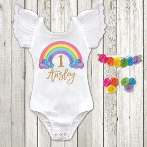 Rainbow Birthday Girl Outfit Personalized Rainbow Birthday Shirt Rainbow Cake Smash First Birthday Outfit ANY AGE Second Birthday Outfit