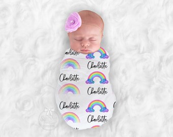 Baby Girl Rainbow Blanket Personalize Baby Blanket Swaddle Baby Shower Gift Name Blanket 2 Options: Receiving Blanket or Plush Blanket