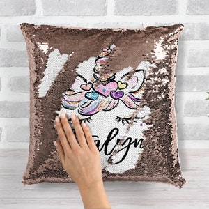 Personalized Unicorn Pillow Rose Gold Mermaid Pillow Case Gift for Her Sequin Changing Pillow 16x16 With Pillow Form