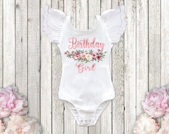 Rose Gold Birthday Girl Shirt Floral Birthday Leotard 1st Birthday Outfit First Birthday Shirt Boho Birthday Outfit 2nd Birthday Any Size