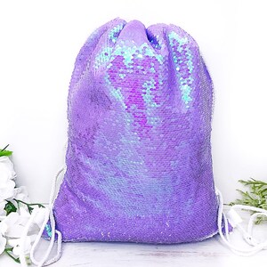 Girls Mermaid Bag Purple Sequin Drawstring Bag Personalized Girls Bag Birthday Gift for Girl Mermaid Holographic Sequins Girls Sports Bag image 2