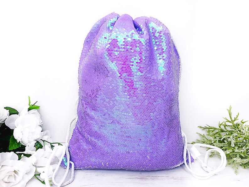 Girls Mermaid Bag Purple Sequin Drawstring Bag Personalized Girls Bag Birthday Gift for Girl Mermaid Holographic Sequins Girls Sports Bag image 2