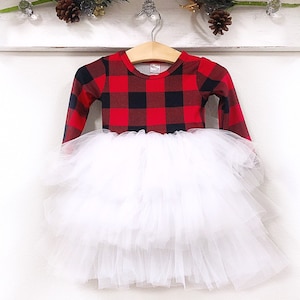 Buffalo Plaid Christmas Dress Fluffy Twirl Dress Personalized Girl Christmas Outfit Red Black Plaid Toddler Dress Sizes NB-10