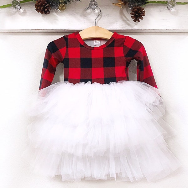 Buffalo Plaid Christmas Dress Fluffy Twirl Dress Personalized Girl Christmas Outfit Red Black Plaid Toddler Dress Sizes NB-10