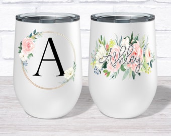 Personalized Wine Tumbler Monogrammed Wine Glass Gift for Her Bridesmaid Gift Floral Wine Glass Birthday Gift for Her Christmas Gift for Her