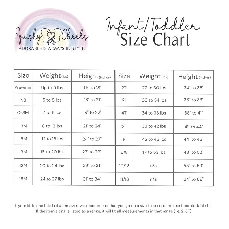 Puede incluir: Tabla de tallas para beb&eacute;s y ni&ntilde;os peque&ntilde;os con rangos de peso y altura en libras y pulgadas. La tabla incluye tallas desde prematuro hasta 14/16.