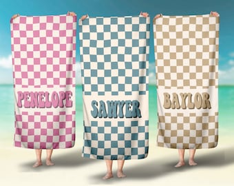 Personalized Beach Towel: Retro Checkered Name Pool Towel Oversized 30”x60”