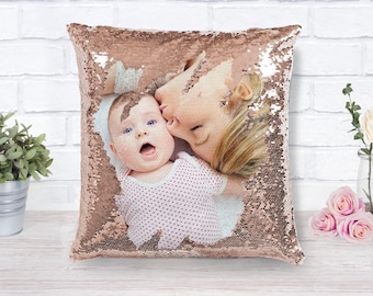 Sequin Pillow with Photo Personalized Photo Reversible Sequin Pillow Gift for Her Gift for Mom Custom Pillow Photo Home Decor 16x16 Pillow